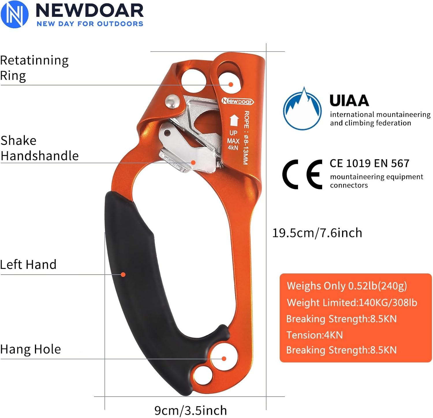 UIAA & CE Certified Hand Ascender Rock Climbing Tree Arborist Rappelling Gear Equipment Rope Clamp for 8~13MM Rope