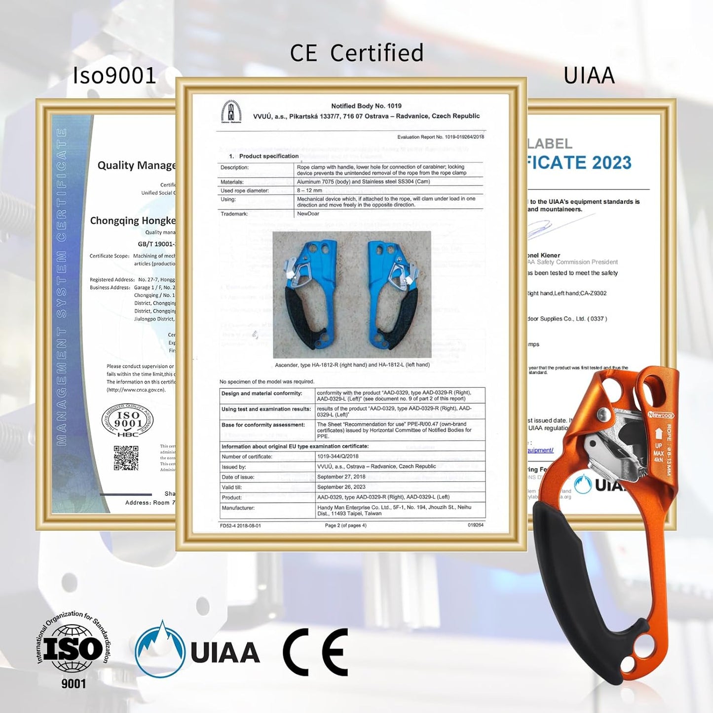 UIAA & CE Certified Hand Ascender Rock Climbing Tree Arborist Rappelling Gear Equipment Rope Clamp for 8~13MM Rope