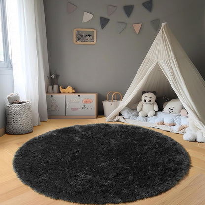 Black round Area Rugs 6Ft, Ultra Soft Bedroom Circle Rug for Kids Girls Boys Teen Room, Fluffy Plush Shaggy Carpet Floor Mats for Baby Nursery Living Room Playroom Dorm Home Decor