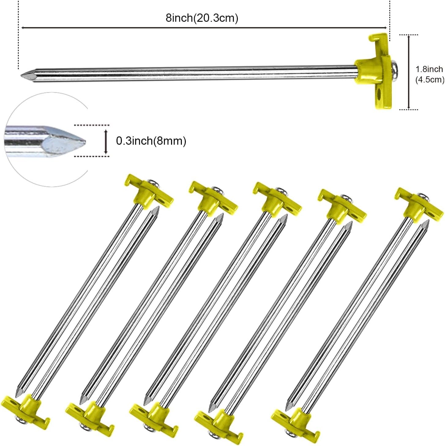 8 Inch Tent Stakes 10 Pcs Non-Rust Metal Ground Anchors, Heavy Duty Spikes with 4 Ropes for Outdoor Camping, Yellow