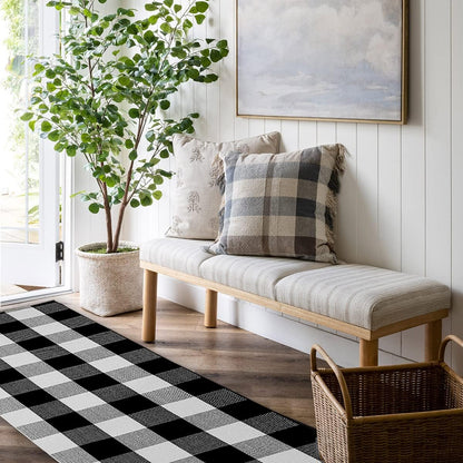 Buffalo Plaid Runner Rug - 2' X 6' Black Checkered Runner Rug, Farmhouse, Indoor, Washable, Water Resistant